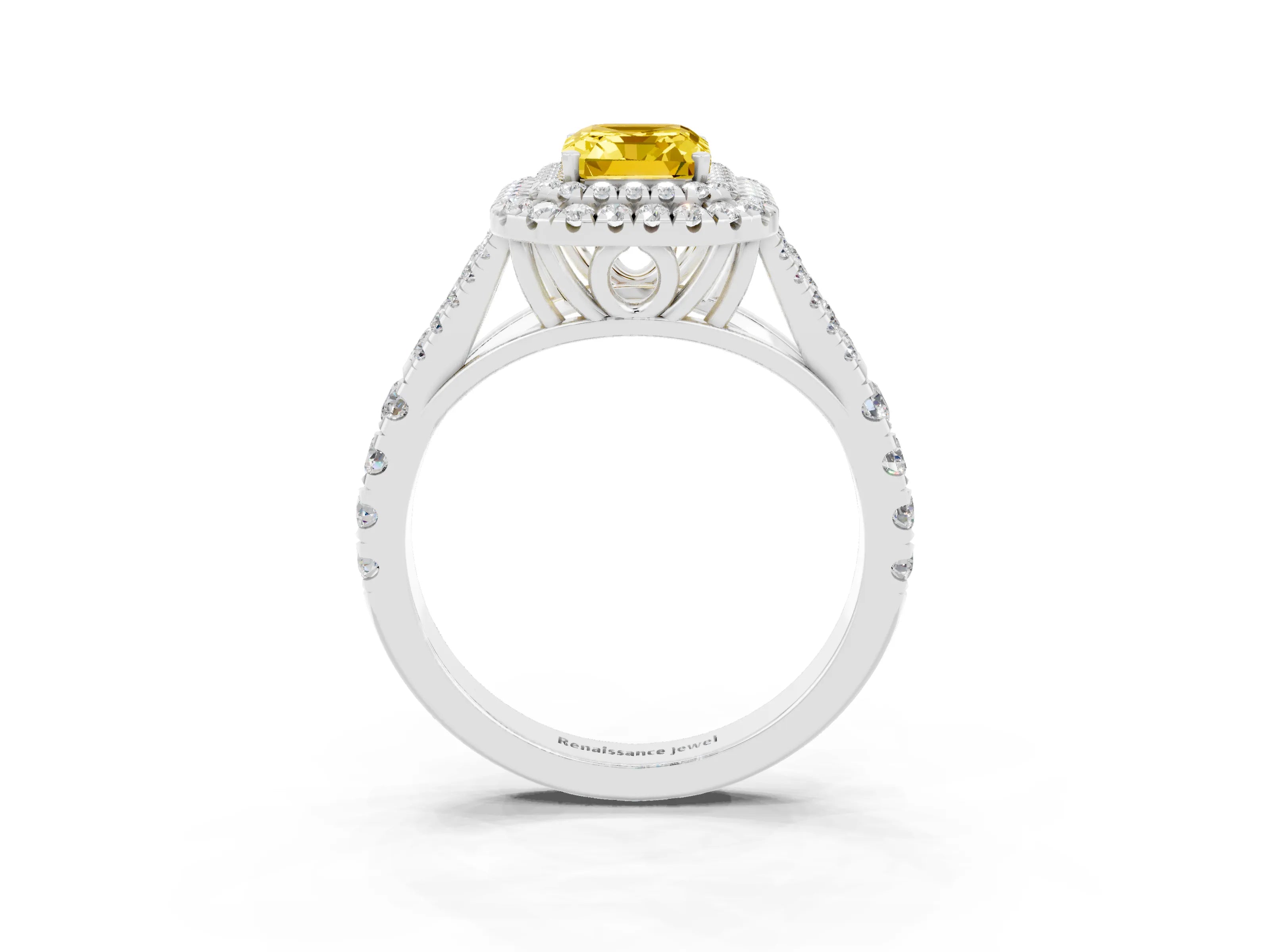 White gold Emerald Cut Yellow Sapphire Pavé Split Shank Double Halo Engagement Ring_27