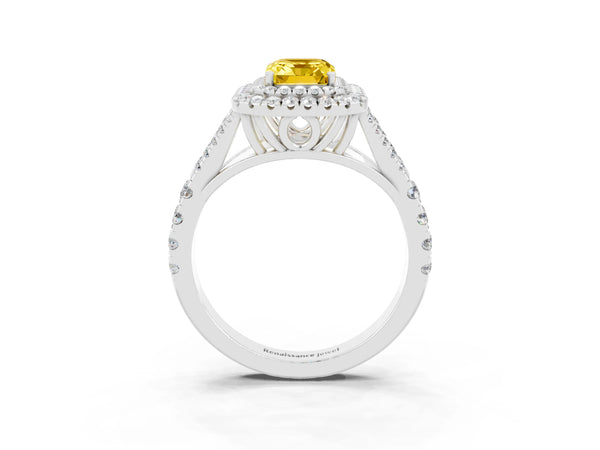 Silver Emerald Cut Yellow Sapphire Pavé Split Shank Double Halo Engagement Ring