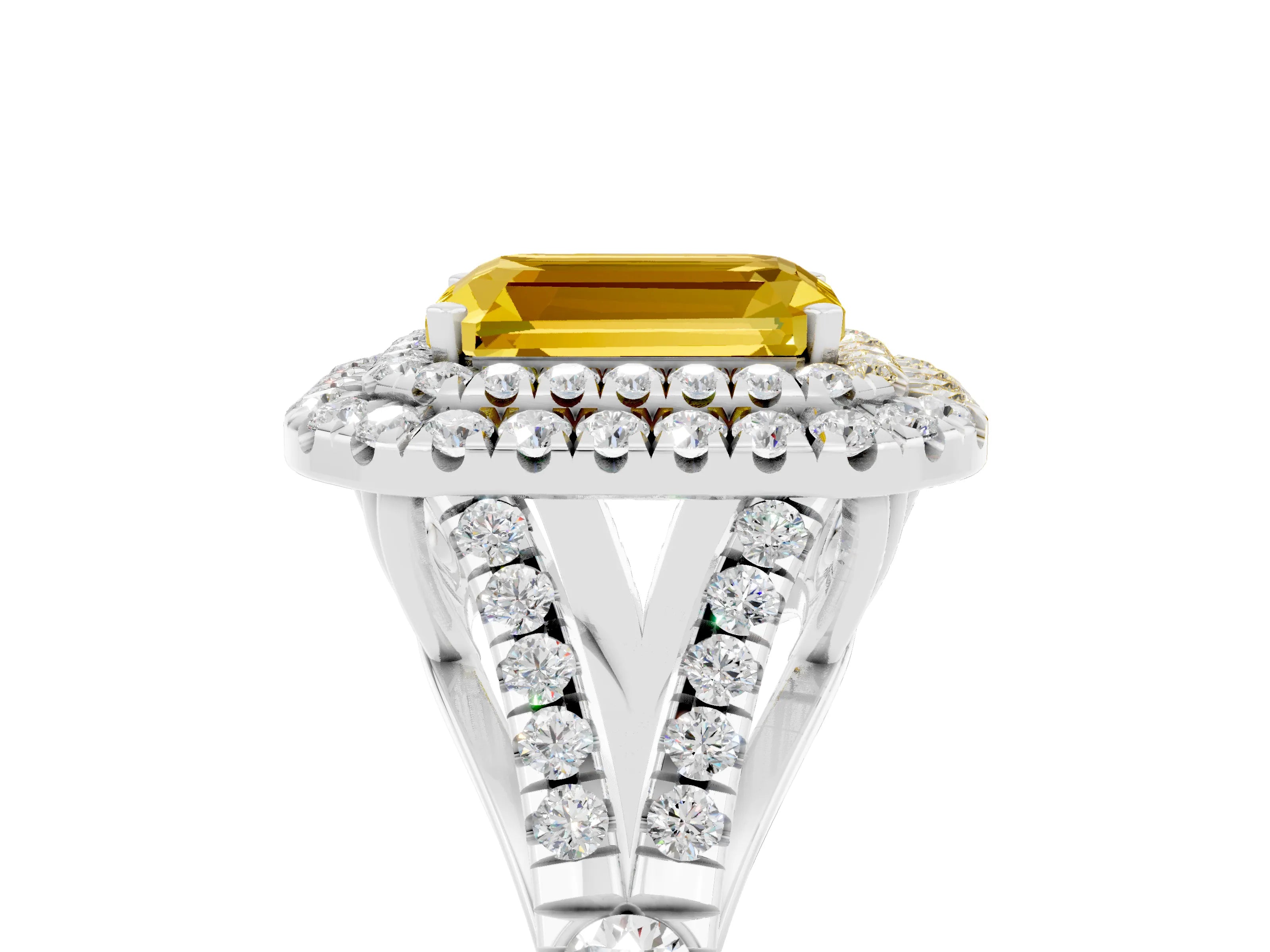 White gold Emerald Cut Yellow Sapphire Pavé Split Shank Double Halo Engagement Ring_29