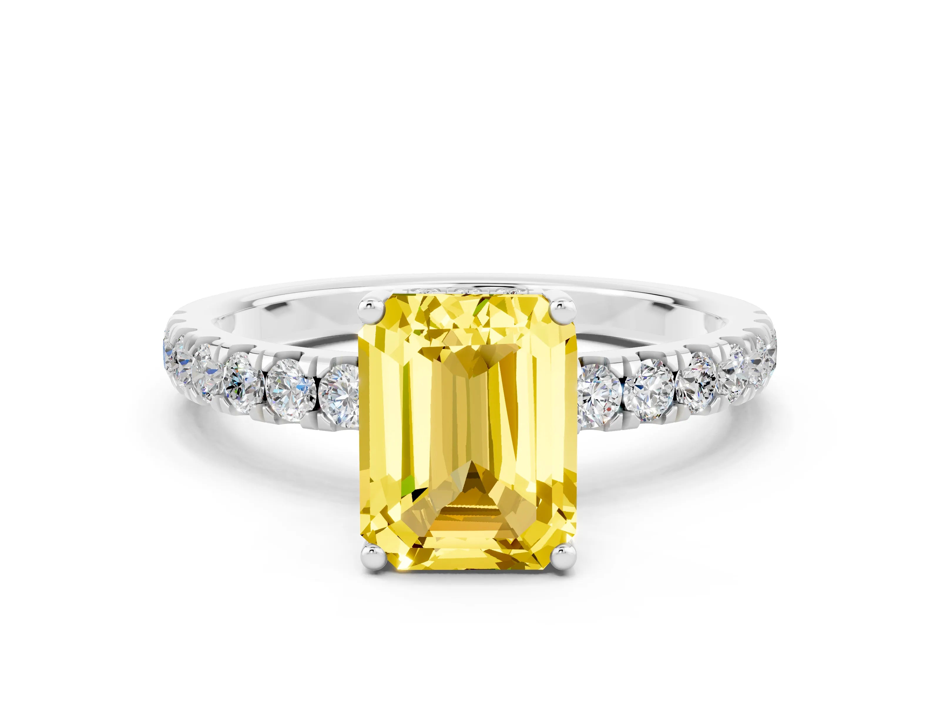 White gold Emerald Cut Yellow Sapphire Pave Band Solitaire Ring with Four-Prong Setting_60