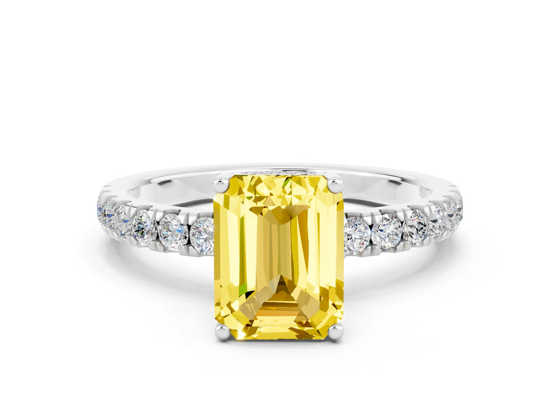 White gold Emerald Cut Yellow Sapphire Pave Band Solitaire Ring with Four-Prong Setting_60