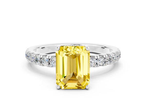 White gold Emerald Cut Yellow Sapphire Pave Band Solitaire Ring with Round  and Prong Setting