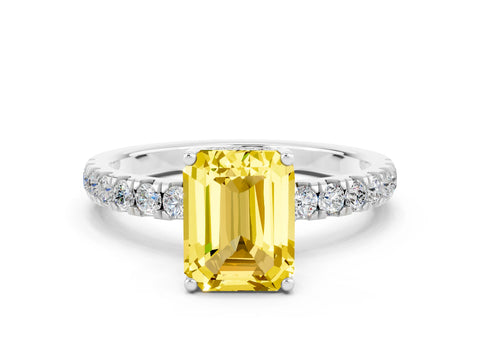 White gold Emerald Cut Yellow Sapphire Pave Band Solitaire Ring with Four-Prong Setting_60