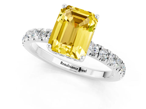 White gold Emerald Cut Yellow Sapphire Pave Band Solitaire Ring with Four-Prong Setting_61