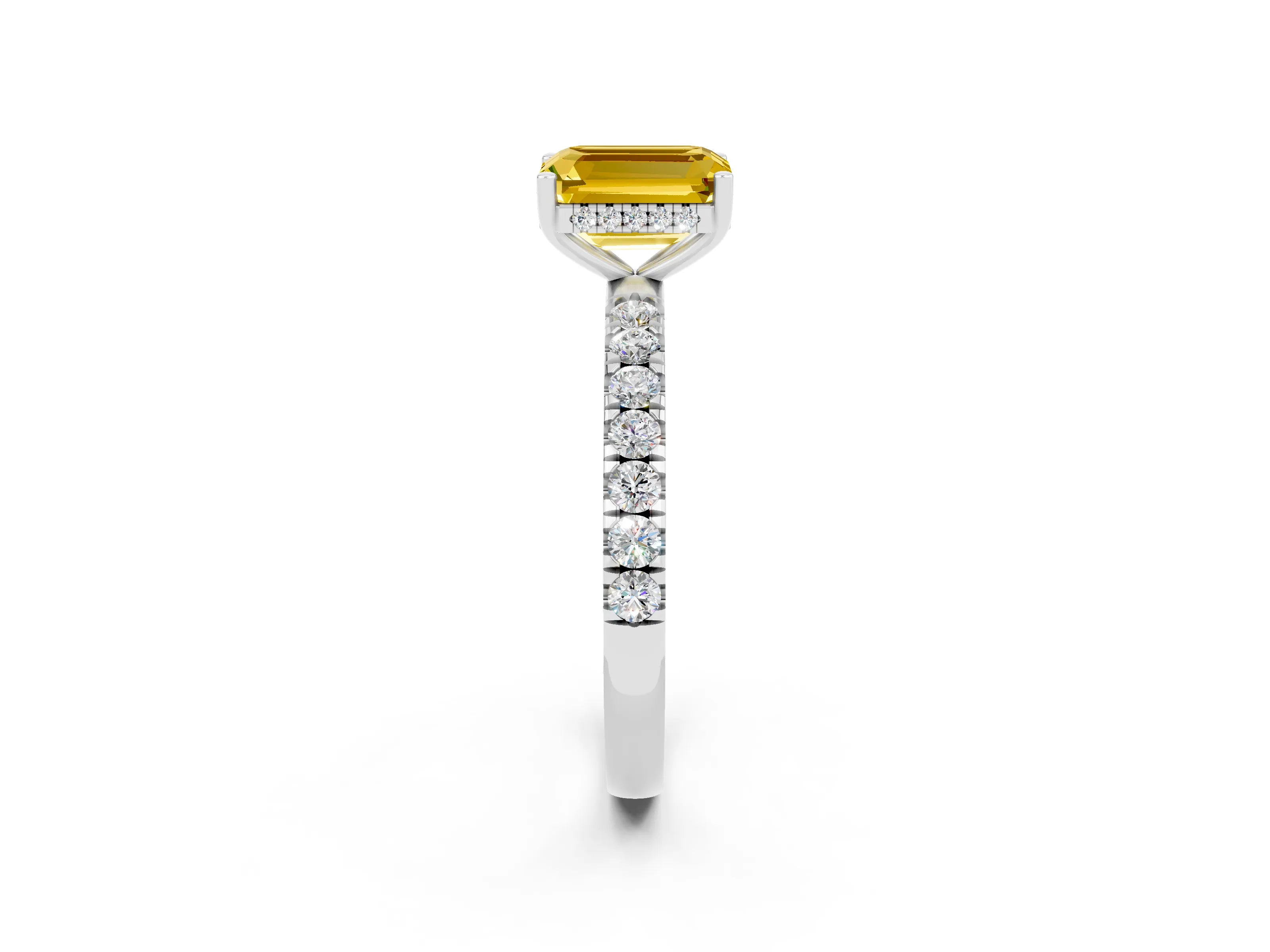 White gold Emerald Cut Yellow Sapphire Pave Band Solitaire Ring with Four-Prong Setting_62