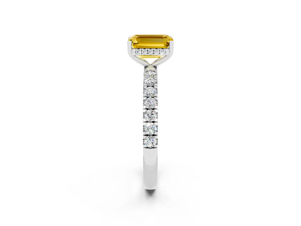 White gold Emerald Cut Yellow Sapphire Pave Band Solitaire Ring with Round  and Prong Setting