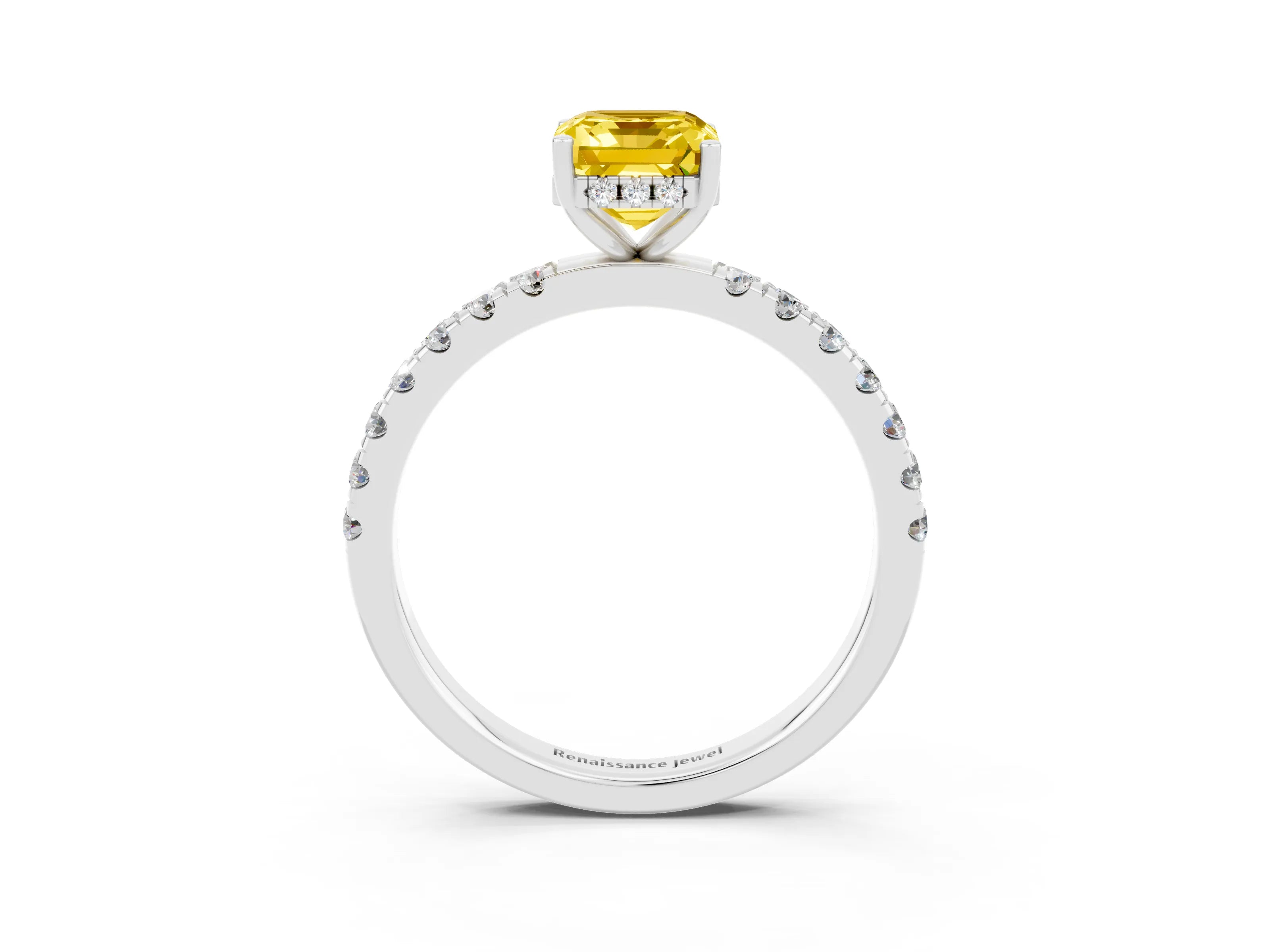 White gold Emerald Cut Yellow Sapphire Pave Band Solitaire Ring with Four-Prong Setting_63
