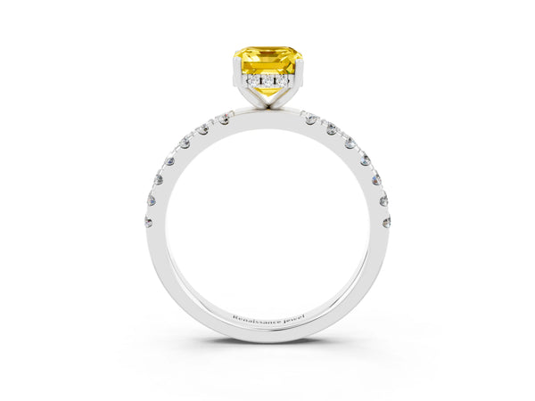 Platinum Emerald Cut Yellow Sapphire Pave Band Solitaire Ring with Round  and Prong Setting