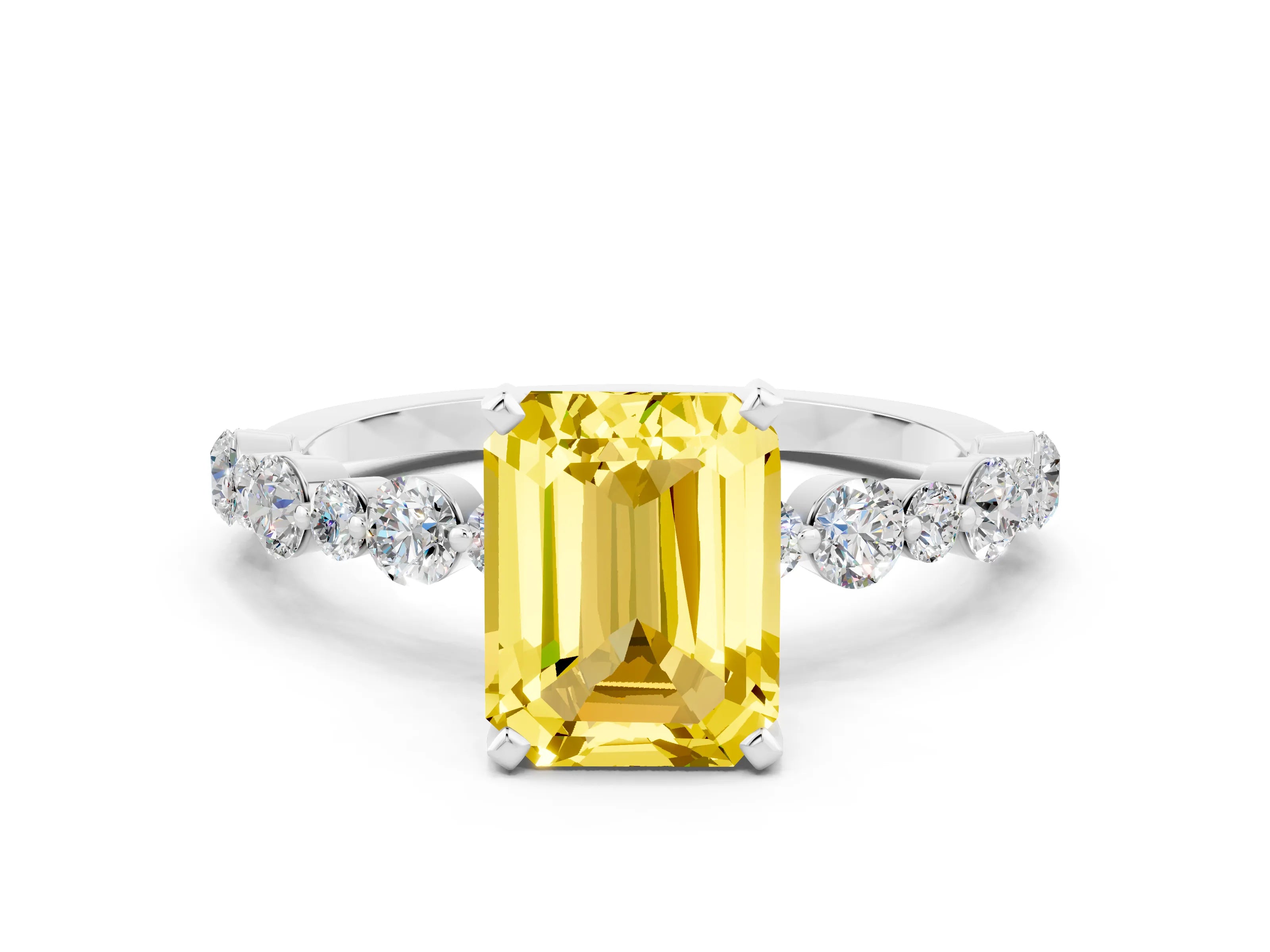 White gold Emerald Cut Yellow Sapphire Prong Set Engagement Ring with Pavé Band_12