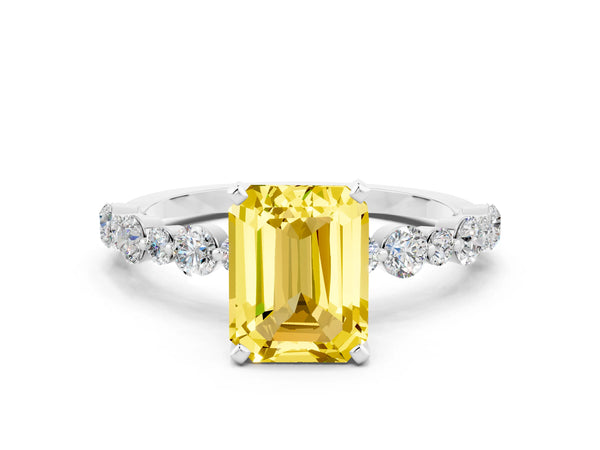 Silver Emerald Cut Yellow Sapphire Prong Set Engagement Ring with Pavé Band