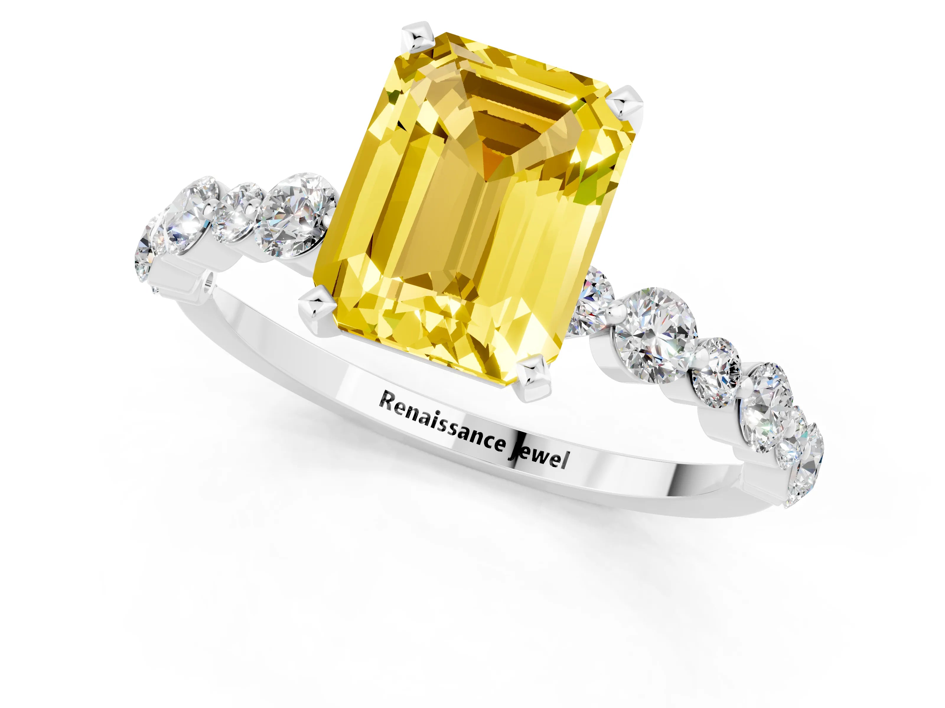 White gold Emerald Cut Yellow Sapphire Prong Set Engagement Ring with Pavé Band_13