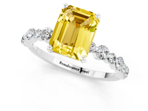 White gold Emerald Cut Yellow Sapphire Prong Set Engagement Ring with Pavé Band_13
