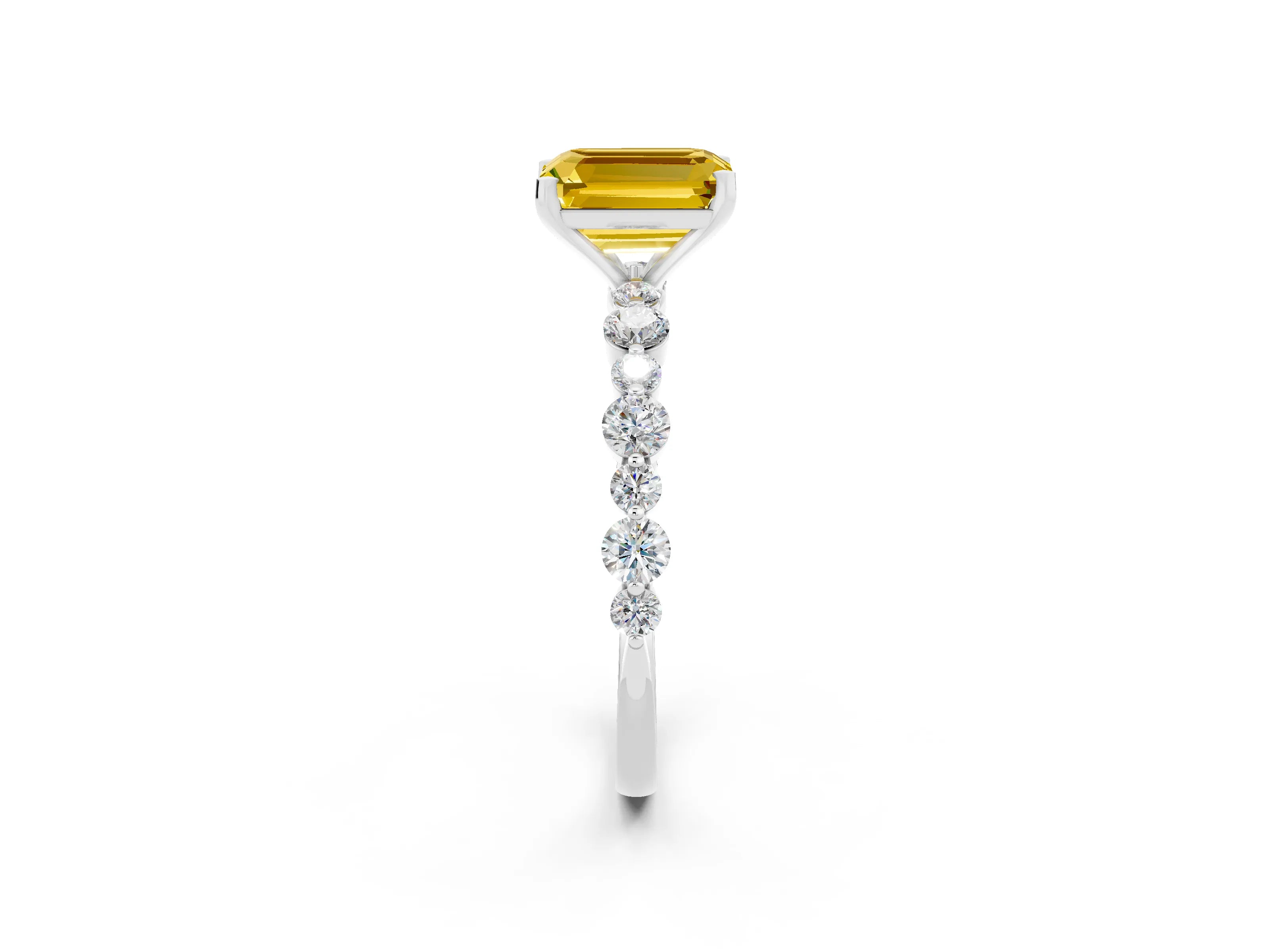 White gold Emerald Cut Yellow Sapphire Prong Set Engagement Ring with Pavé Band_14