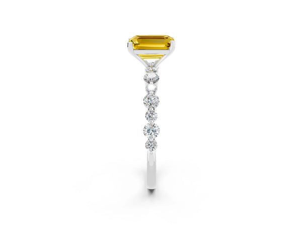 Silver Emerald Cut Yellow Sapphire Prong Set Engagement Ring with Pavé Band