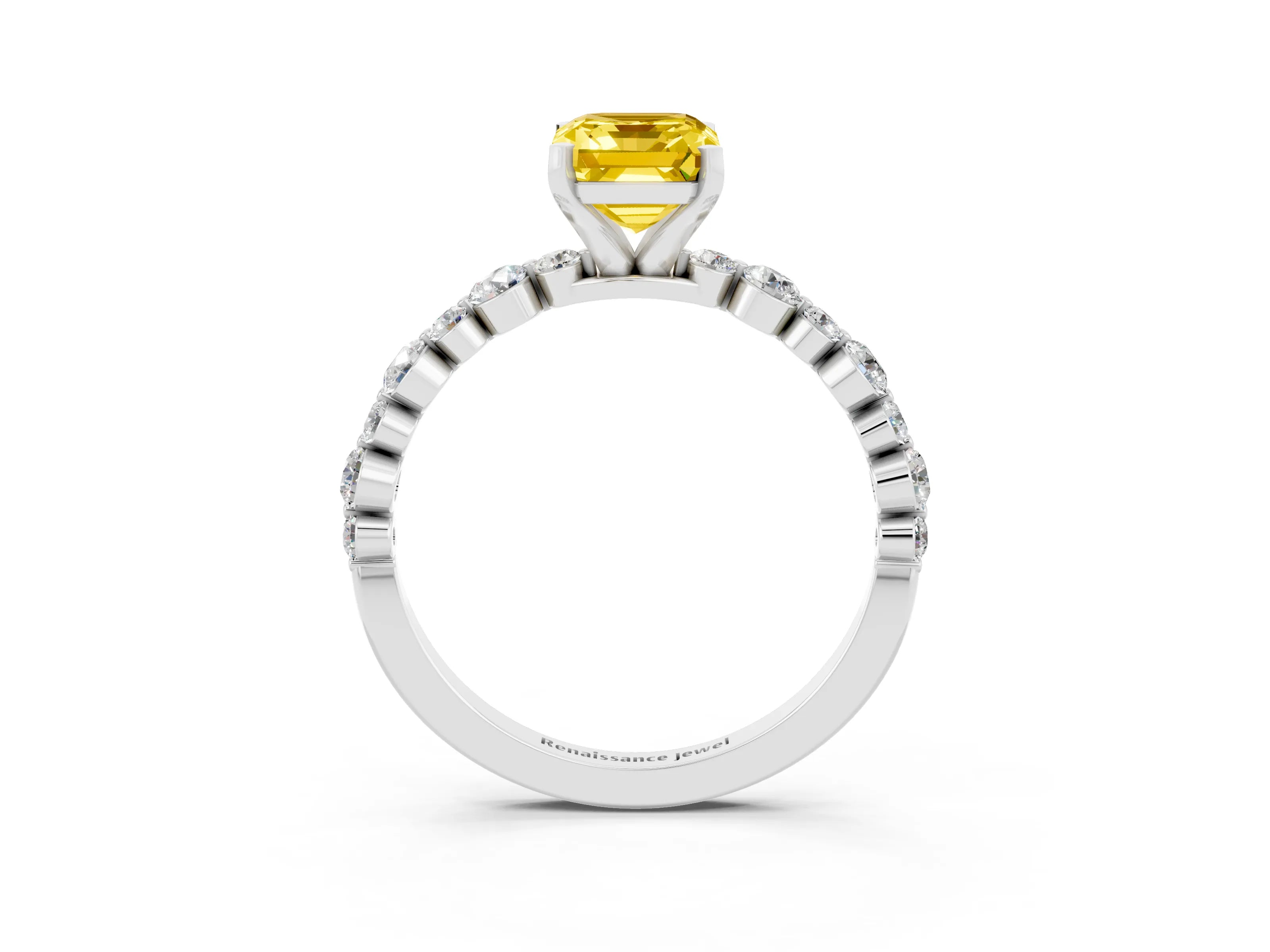 White gold Emerald Cut Yellow Sapphire Prong Set Engagement Ring with Pavé Band_15