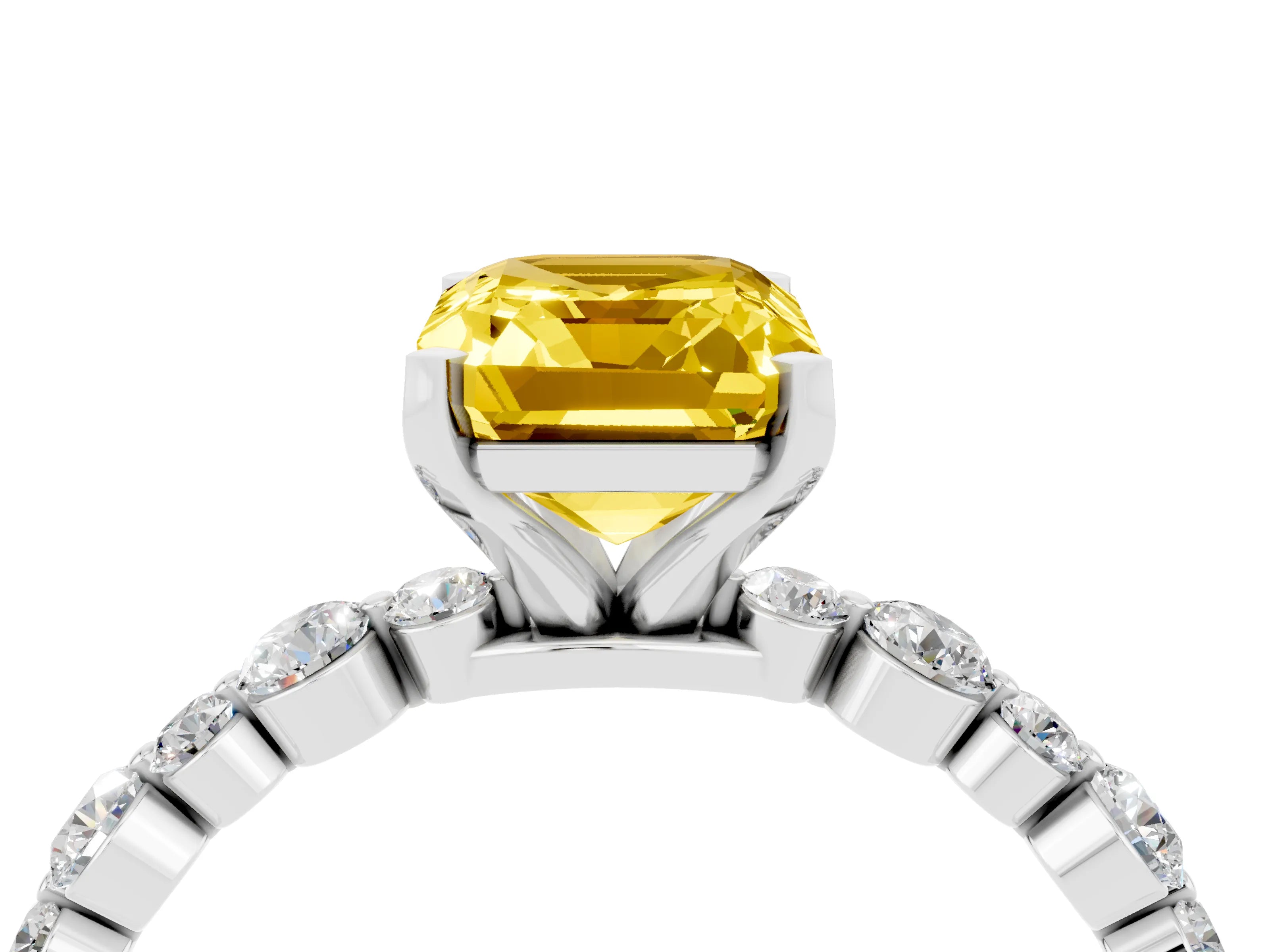 White gold Emerald Cut Yellow Sapphire Prong Set Engagement Ring with Pavé Band_16