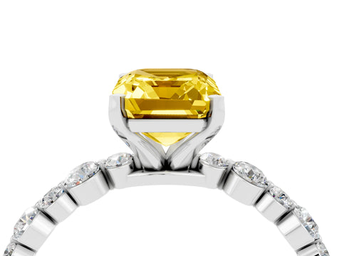 White gold Emerald Cut Yellow Sapphire Prong Set Engagement Ring with Pavé Band_16