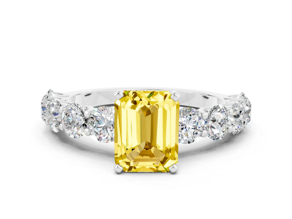White gold Emerald Cut Yellow Sapphire Prong Setting with Side Stones on a Pave Band