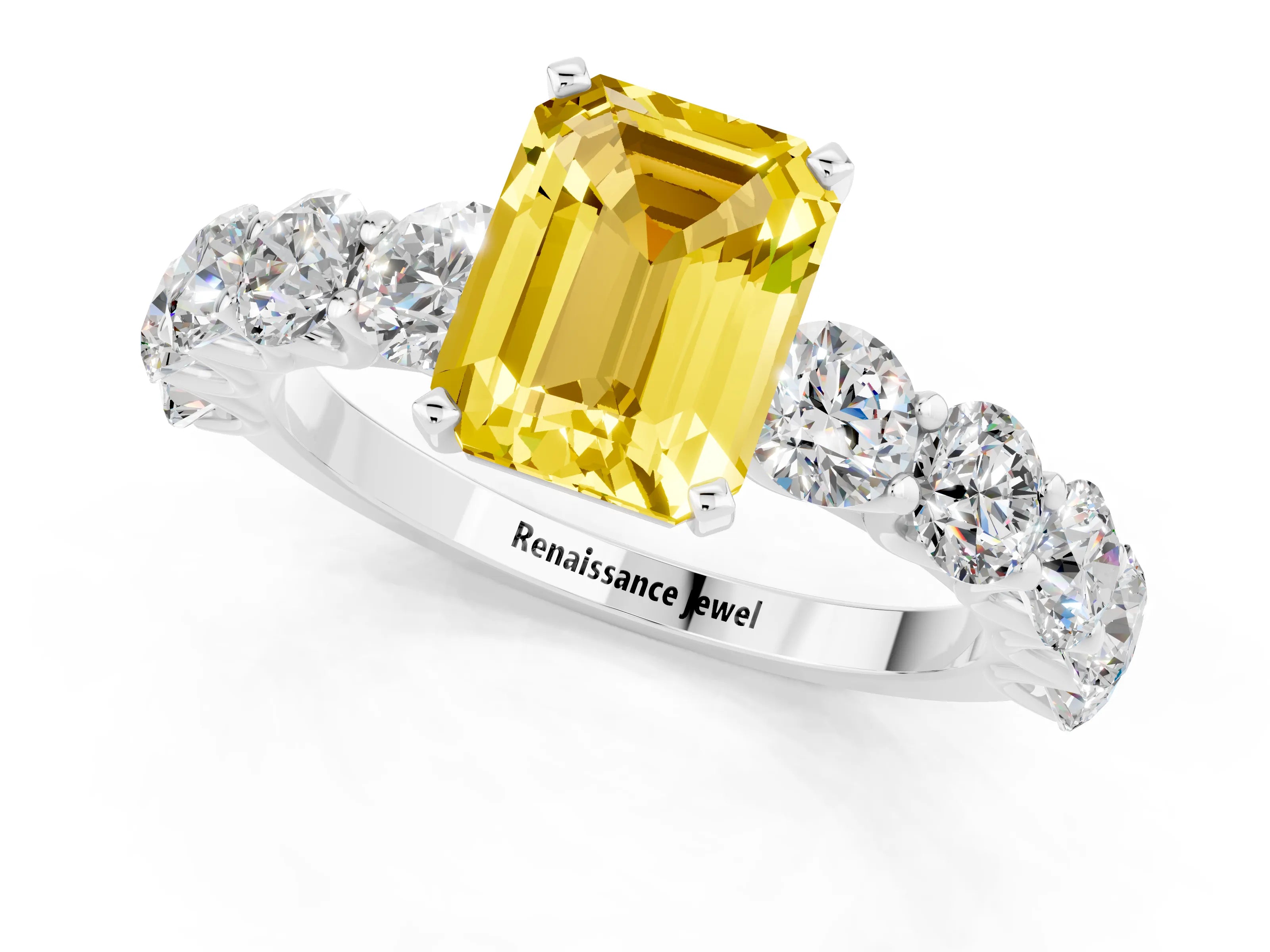 White gold Emerald Cut Yellow Sapphire Prong Setting with Side Stones on a Pave Band_25