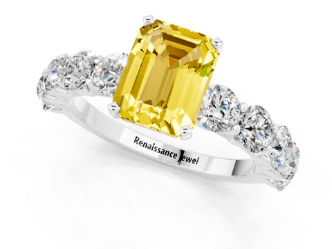 White gold Emerald Cut Yellow Sapphire Prong Setting with Side Stones on a Pave Band_25