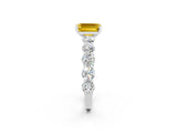 White gold Emerald Cut Yellow Sapphire Prong Setting with Side Stones on a Pave Band_26