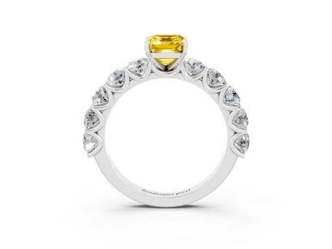 White gold Emerald Cut Yellow Sapphire Prong Setting with Side Stones on a Pave Band_27