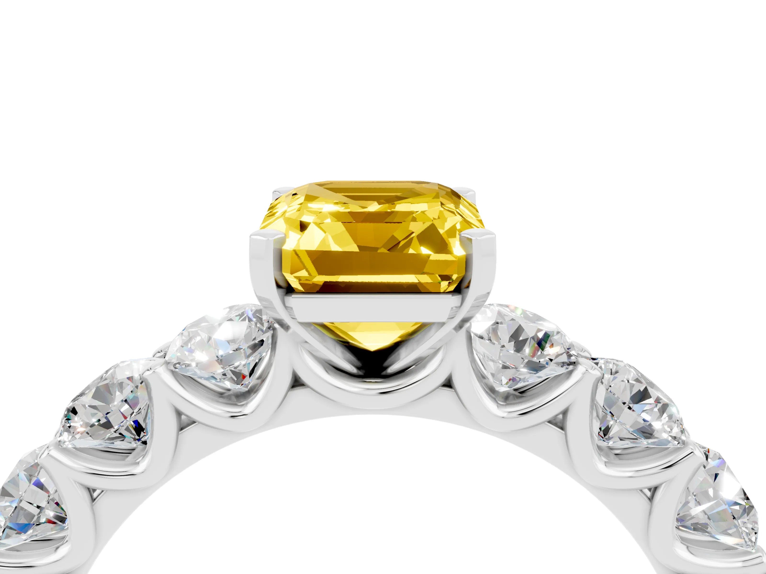 White gold Emerald Cut Yellow Sapphire Prong Setting with Side Stones on a Pave Band_28