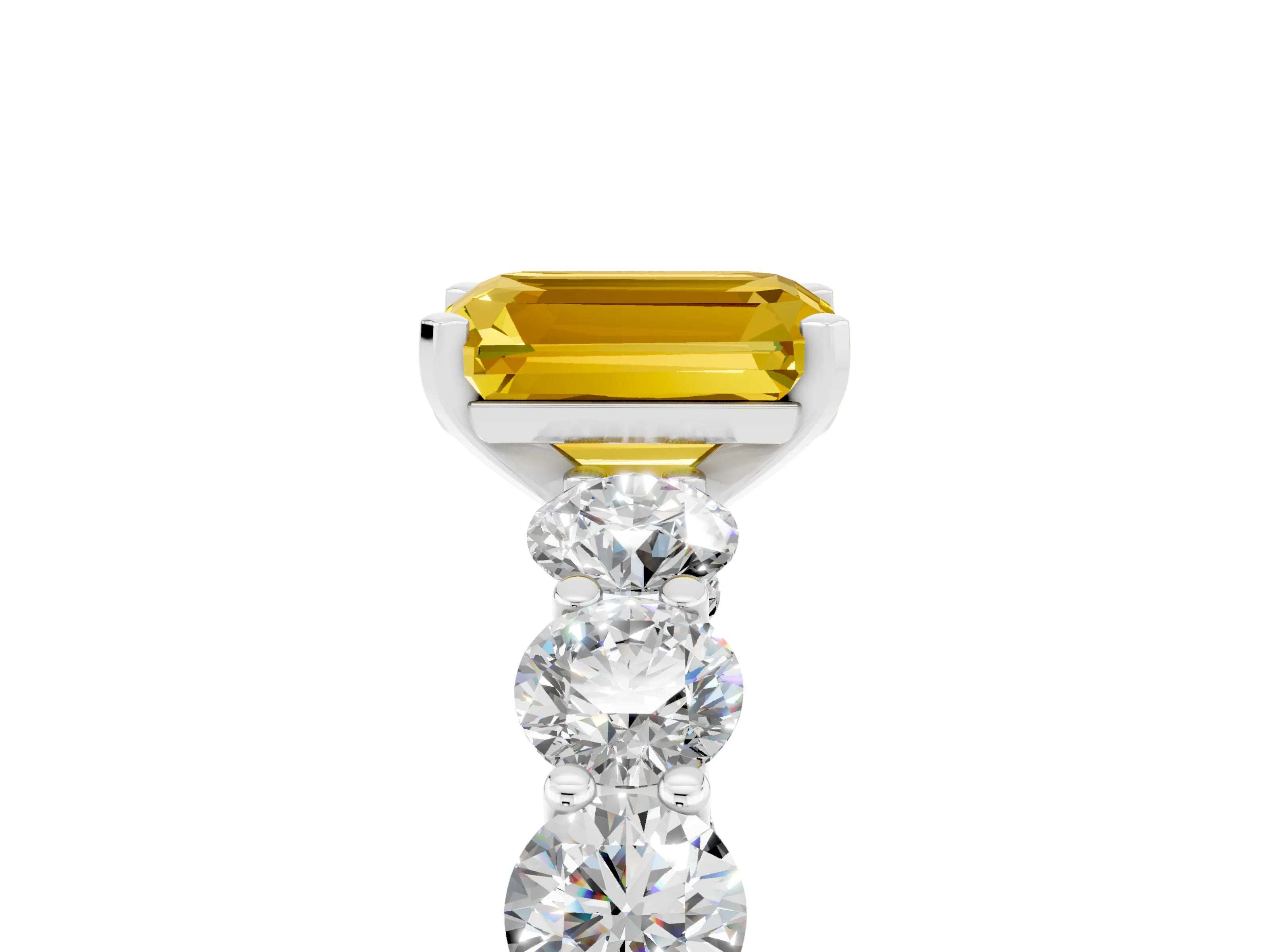 White gold Emerald Cut Yellow Sapphire Prong Setting with Side Stones on a Pave Band_29