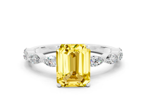White gold Emerald Cut Yellow Sapphire Ring with Marquise Side Stones and Prong Setting_12