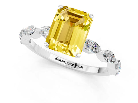 White gold Emerald Cut Yellow Sapphire Ring with Marquise Side Stones and Prong Setting_13