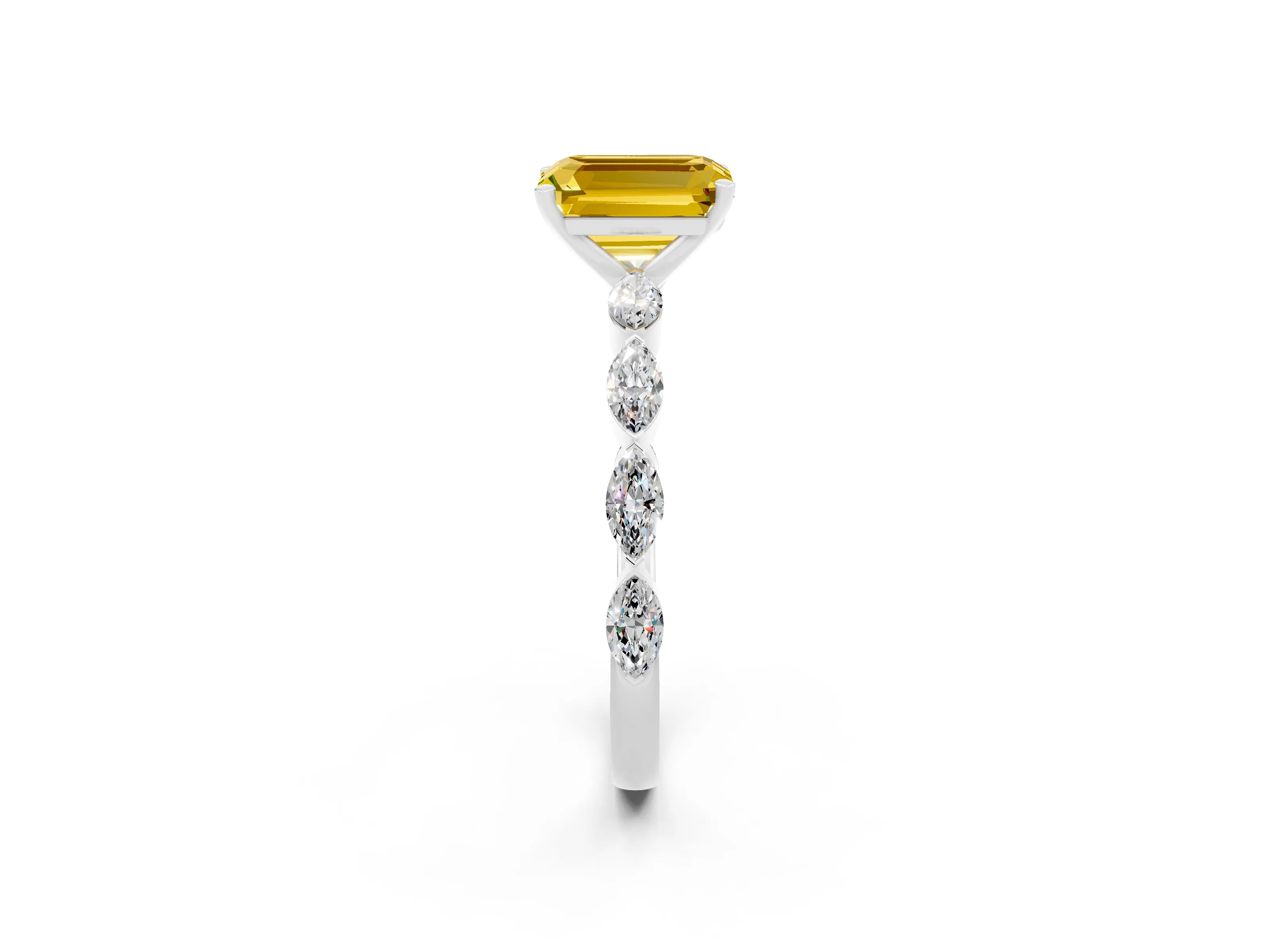 White gold Emerald Cut Yellow Sapphire Ring with Marquise Side Stones and Prong Setting_14
