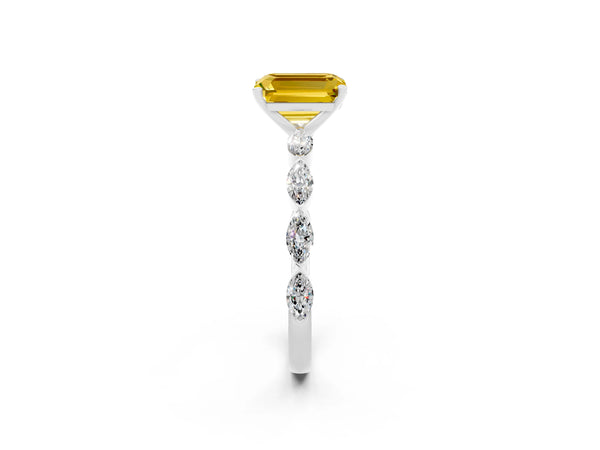Silver Emerald Cut Yellow Sapphire Ring with Marquise Side Stones and Prong Setting