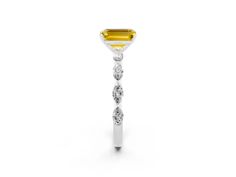 White gold Emerald Cut Yellow Sapphire Ring with Marquise Side Stones and Prong Setting_14