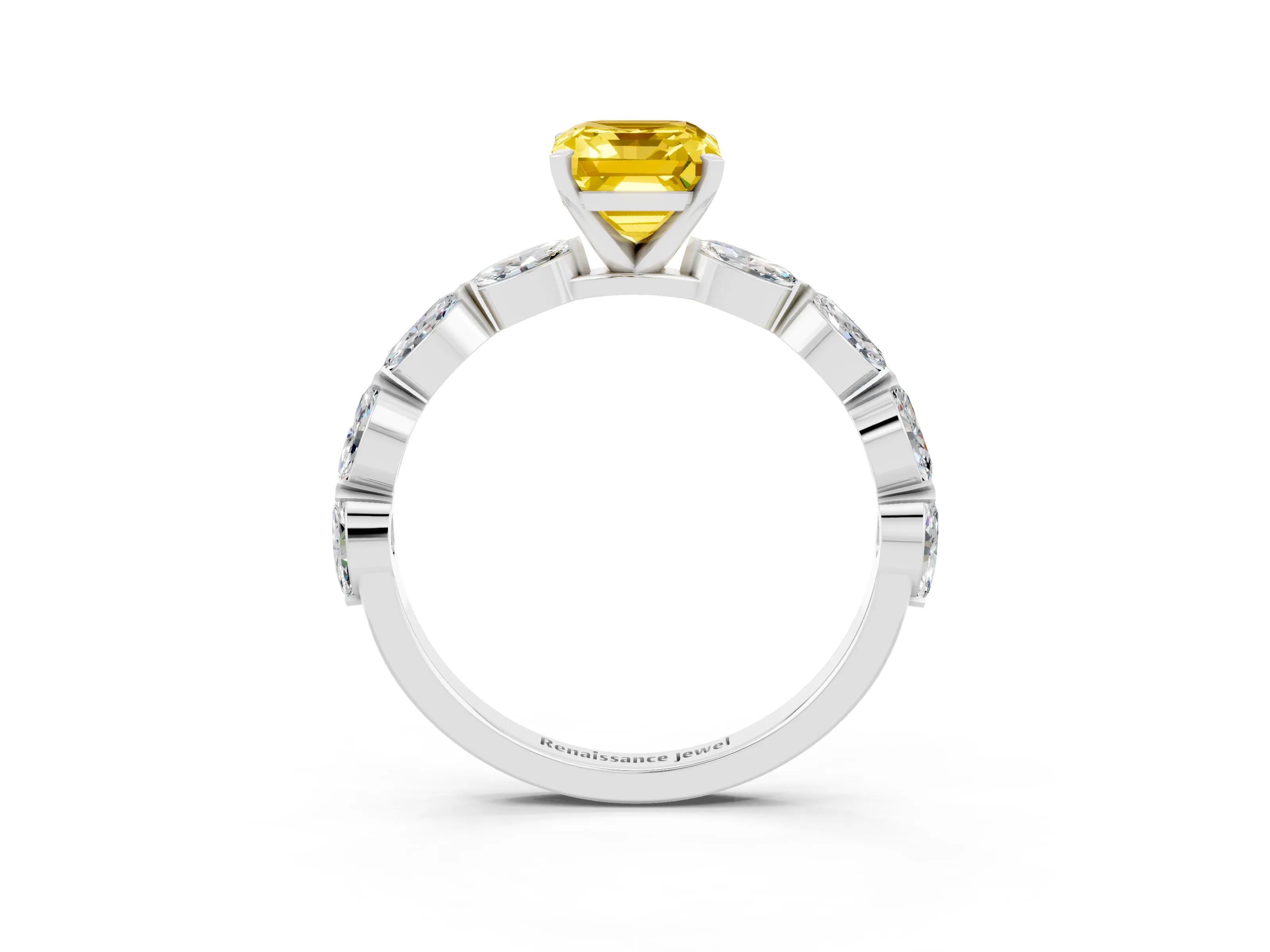 White gold Emerald Cut Yellow Sapphire Ring with Marquise Side Stones and Prong Setting_15