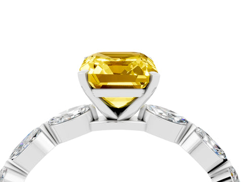 White gold Emerald Cut Yellow Sapphire Ring with Marquise Side Stones and Prong Setting_16
