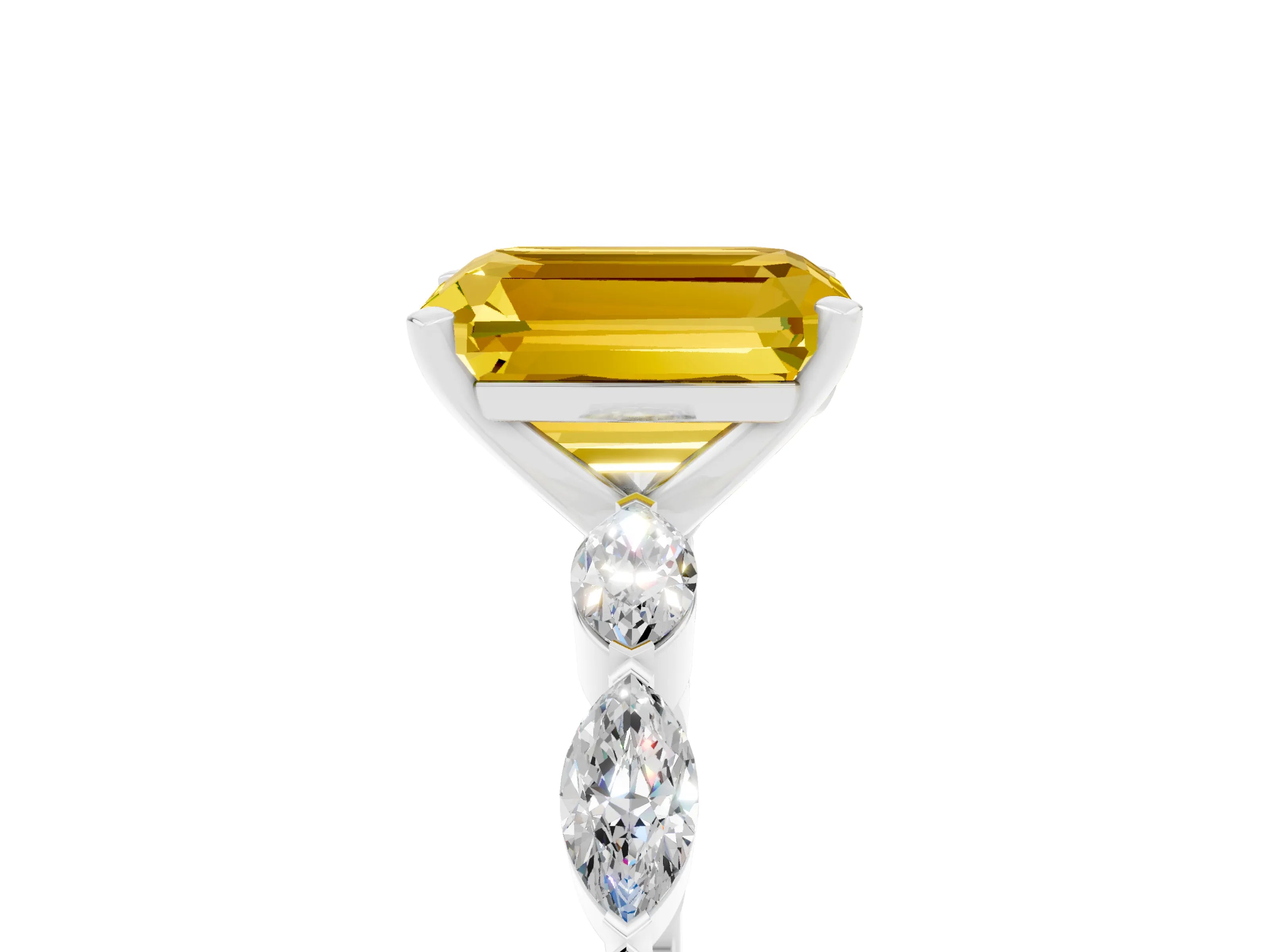 White gold Emerald Cut Yellow Sapphire Ring with Marquise Side Stones and Prong Setting_17