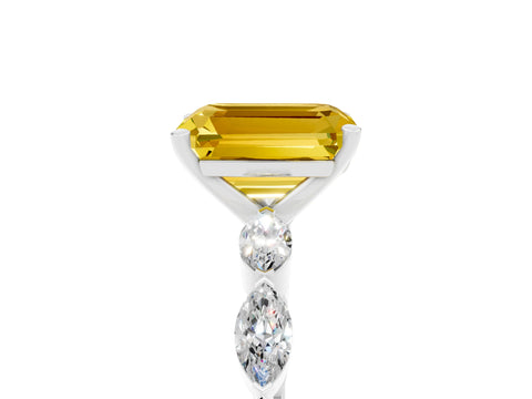 White gold Emerald Cut Yellow Sapphire Ring with Marquise Side Stones and Prong Setting_17
