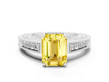 White gold Emerald Cut Yellow Sapphire Ring with Milgrain Pavé Band and Four-Prong Setting_36