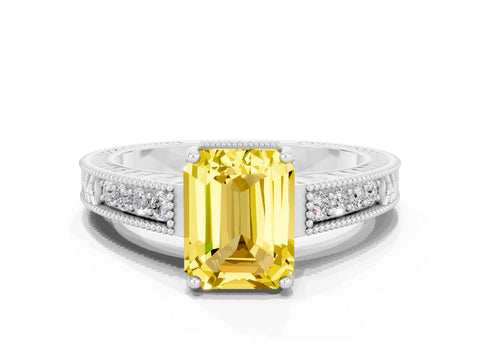White gold Emerald Cut Yellow Sapphire Ring with Milgrain Pavé Band and Four-Prong Setting_36
