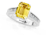 White gold Emerald Cut Yellow Sapphire Ring with Milgrain Pavé Band and Four-Prong Setting_37