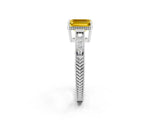 White gold Emerald Cut Yellow Sapphire Ring with Milgrain Pavé Band and Four-Prong Setting_38