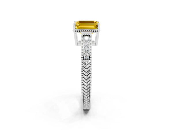 Platinum Emerald Cut Yellow Sapphire Ring with Milgrain Pavé Band and Four-Prong Setting
