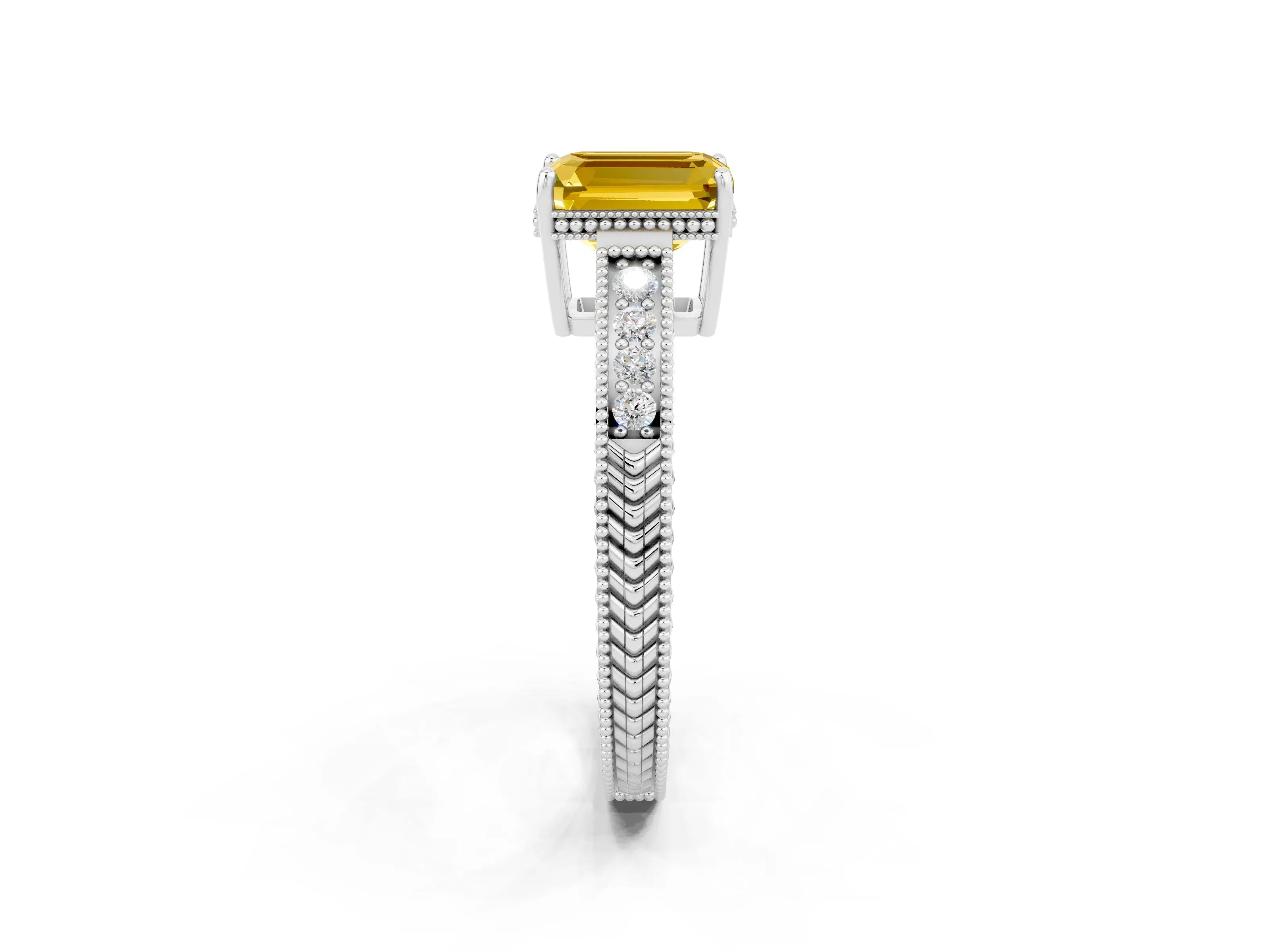 White gold Emerald Cut Yellow Sapphire Ring with Milgrain Pavé Band and Four-Prong Setting_38