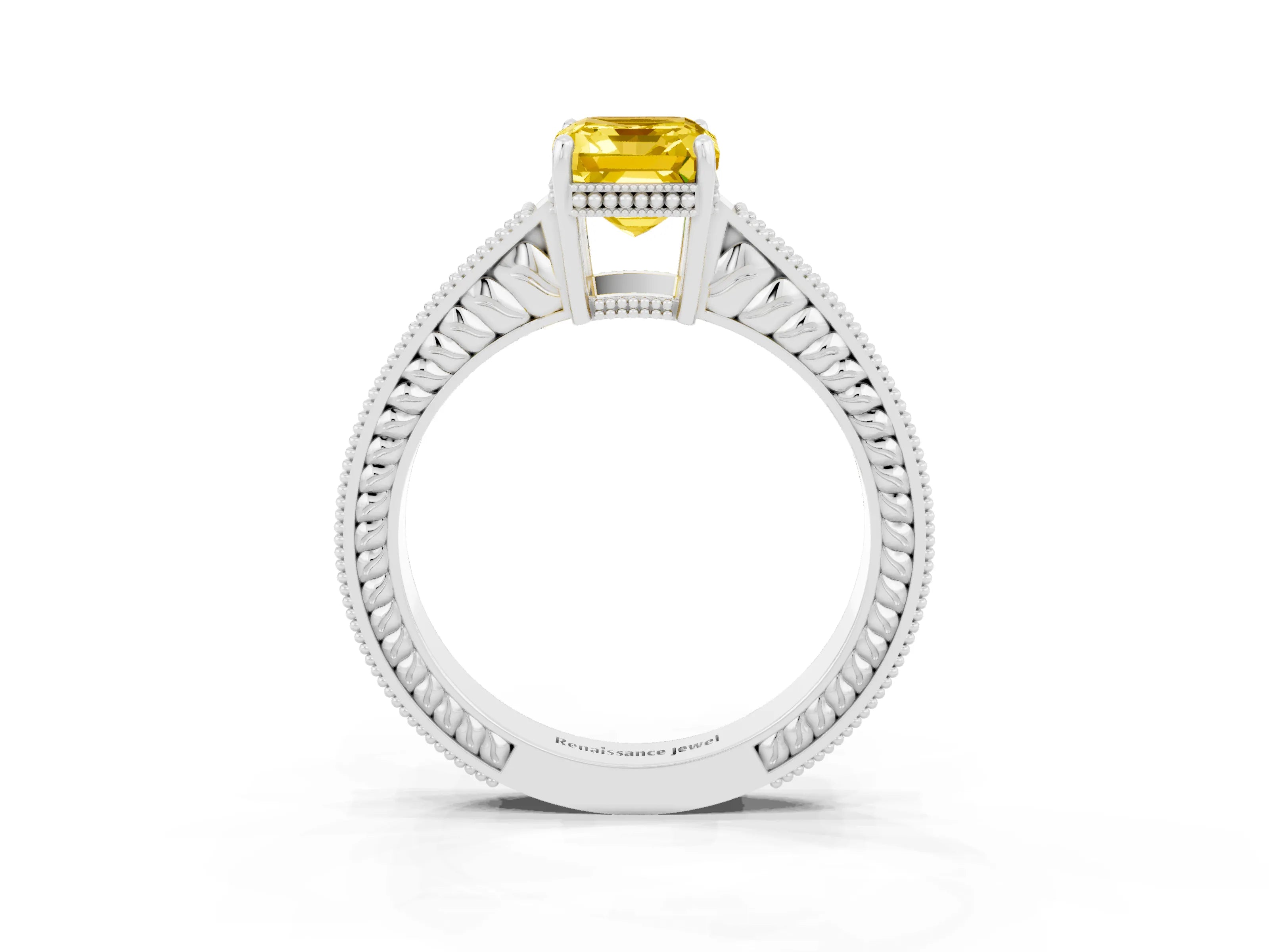 White gold Emerald Cut Yellow Sapphire Ring with Milgrain Pavé Band and Four-Prong Setting_39