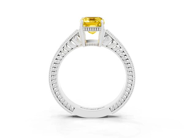 White gold Emerald Cut Yellow Sapphire Ring with Milgrain Pavé Band and Four-Prong Setting