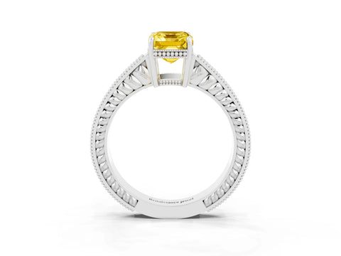 White gold Emerald Cut Yellow Sapphire Ring with Milgrain Pavé Band and Four-Prong Setting_39