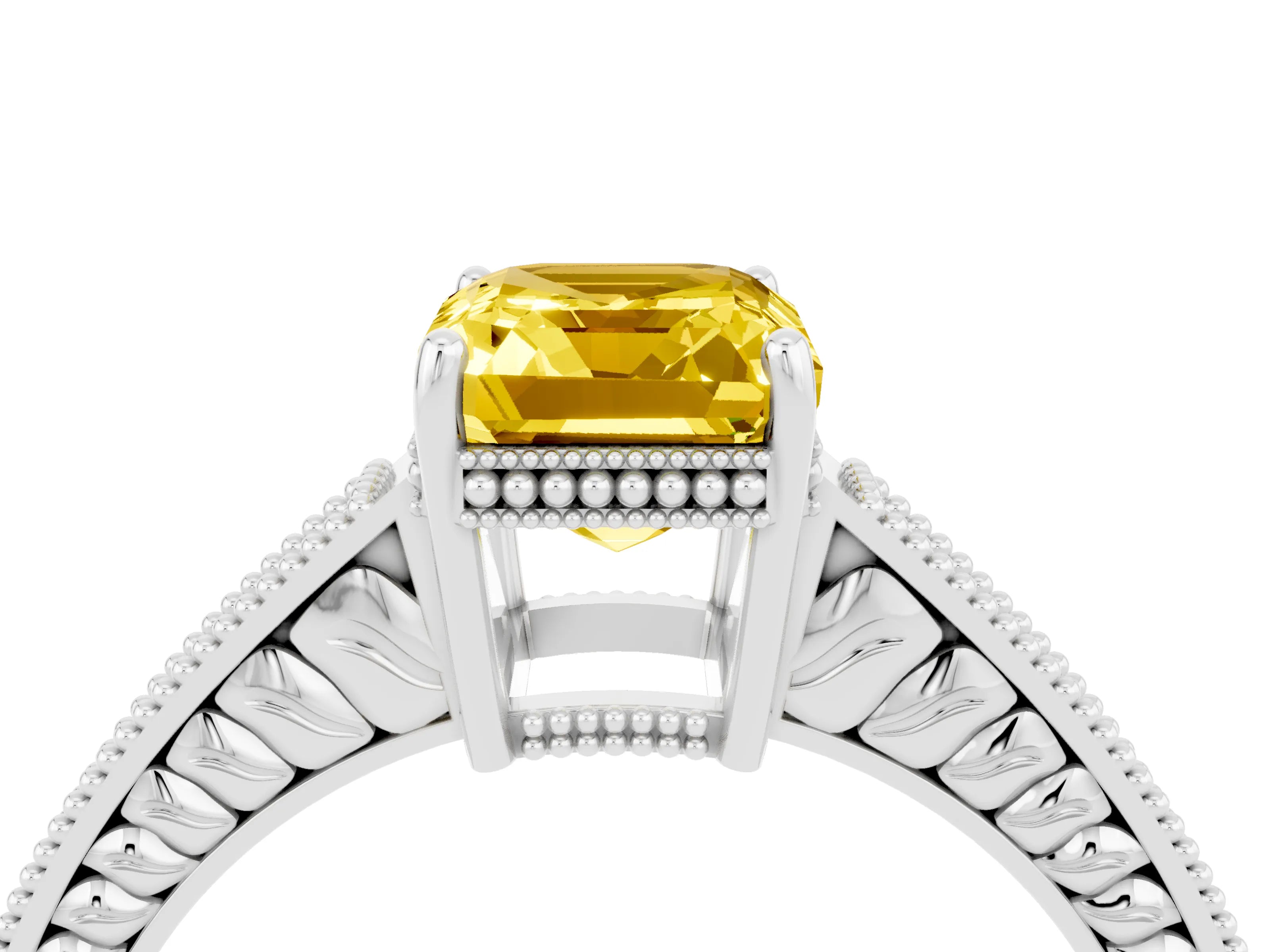 White gold Emerald Cut Yellow Sapphire Ring with Milgrain Pavé Band and Four-Prong Setting_40
