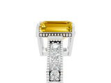 White gold Emerald Cut Yellow Sapphire Ring with Milgrain Pavé Band and Four-Prong Setting_41