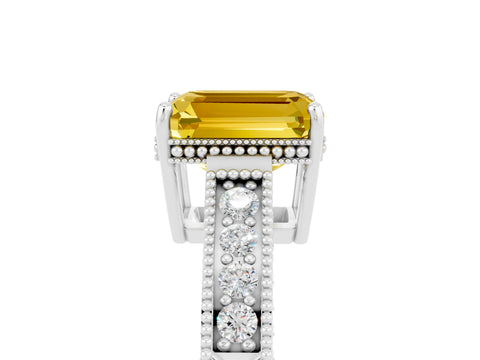 White gold Emerald Cut Yellow Sapphire Ring with Milgrain Pavé Band and Four-Prong Setting_41