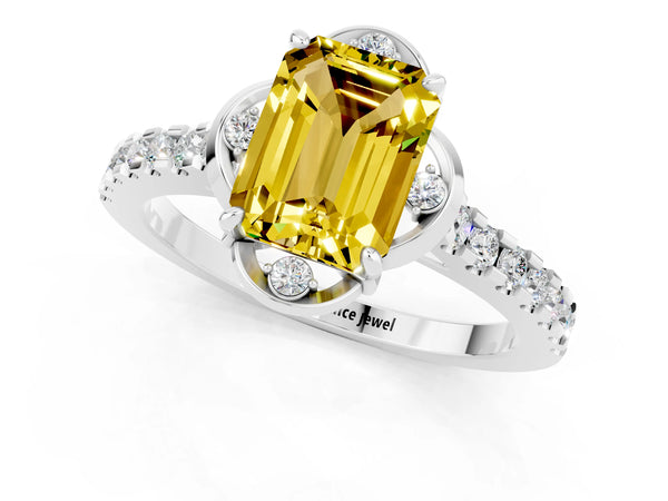 Silver Emerald Cut Yellow Sapphire Ring with Pavé Band and Floral Prong Setting